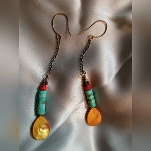 Handmade Turquoise, Red Coral,  Orange Mother Of Pearl & Silver Dangle Earrings